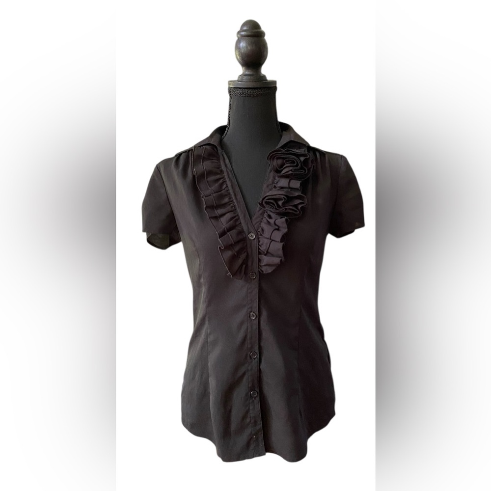 New York & Company: Black Ruffled Flower Fitted Short Sleeve Button Up Blouse